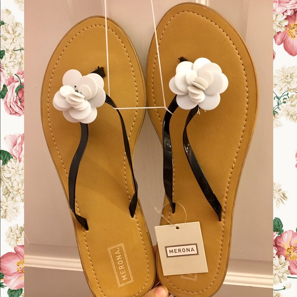 White, Black, & Tan Flower Sandals/Flats